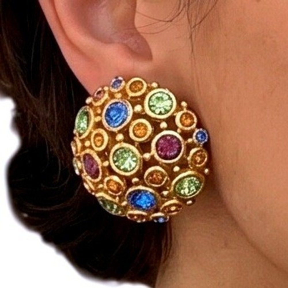 Vintage Multi Color Rhinestone Dome Clip On Earrings Gold Tone Statement Jewelry